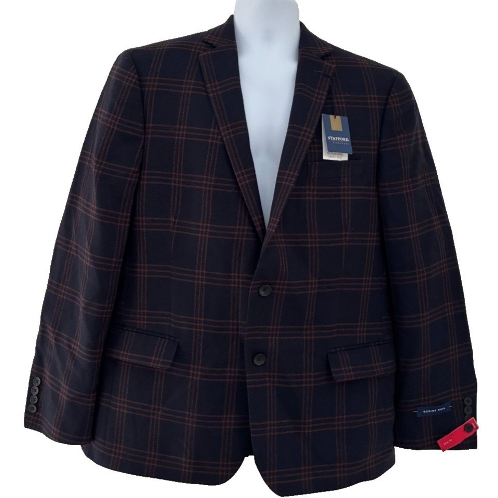 Stafford Merino Wool Blazer Mens 46 Regular Navy Windowpane Slim Fit Sports Coat